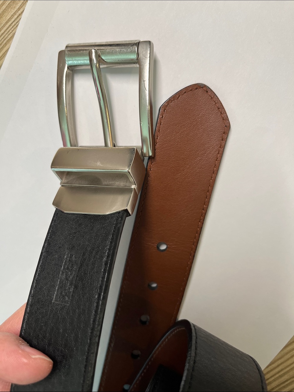 Reversible Black/Brown Leather Men’s Belt with Brushed Silver Buckle 45”